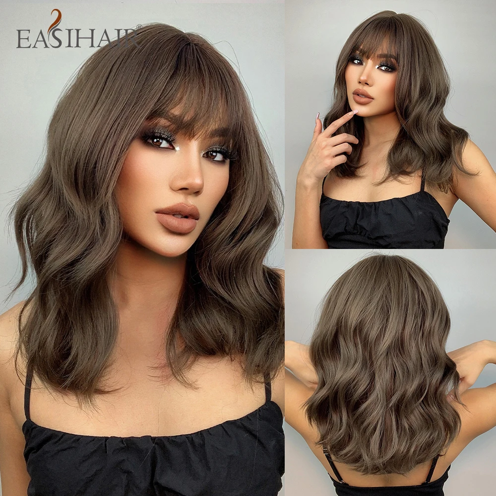 

EASIHAIR Brown Wavy SHort Bob Wigs for Women with Bangs Synthetic Wigs Medium Length Cute Daily Natural Hair Wig Heat Resistant