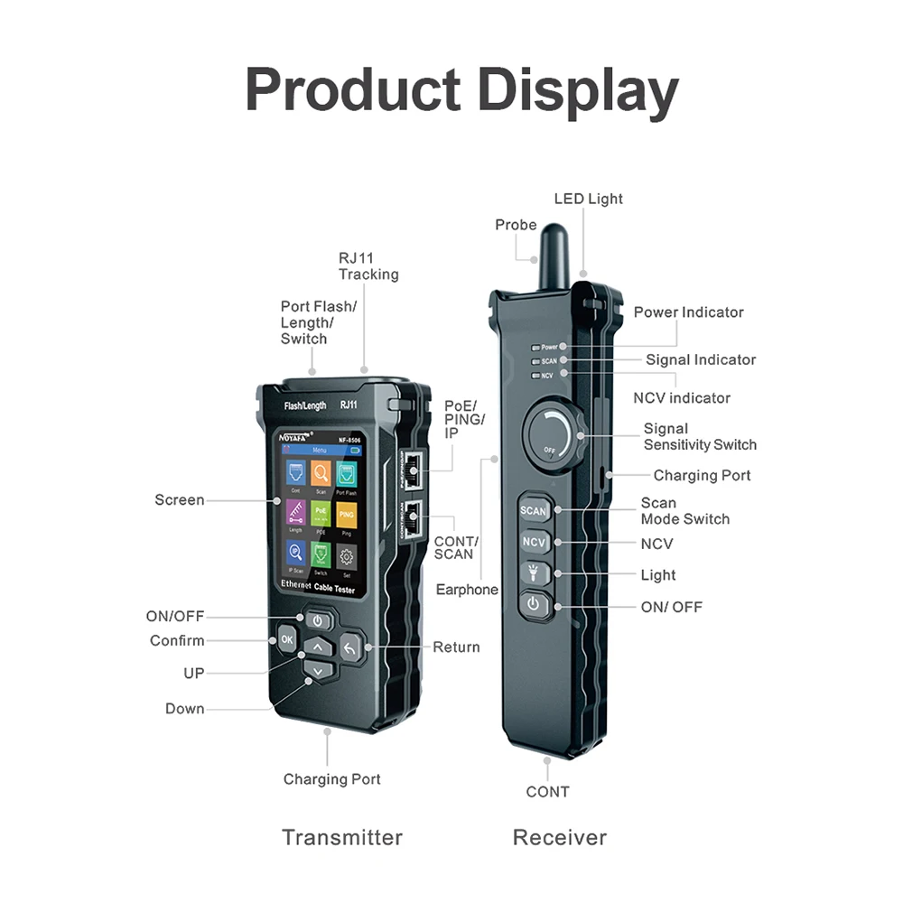 NOYAFA-Network Cable Tester, Network Cable Tester, Suporta PING Test, IP Scan, Network Port Speed, Multifunction Cable Tracker, Finding Tool, NF-8506