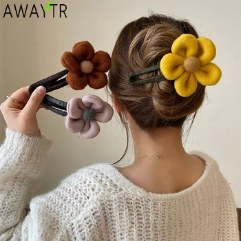 AWAYTR Autumn Winter Plush Flower Hair Claw Women Chic Duckbill Clip Hairpin Back Head Hair Clips Hair Accessories for Girls