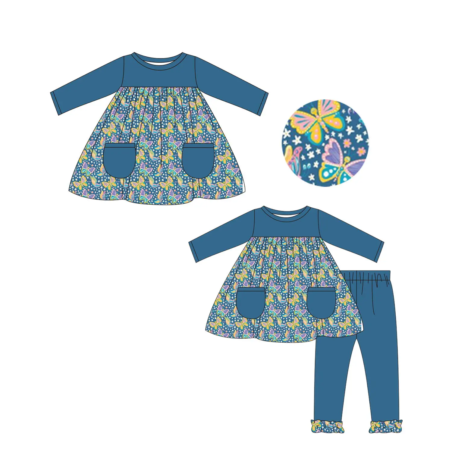 

Эксклюзивная осенняя одежда для маленьких девочек, темно-синяя одежда с длинным рукавом и принтом бабочки, бутик одежды для маленьких девочек, оптовая продажа