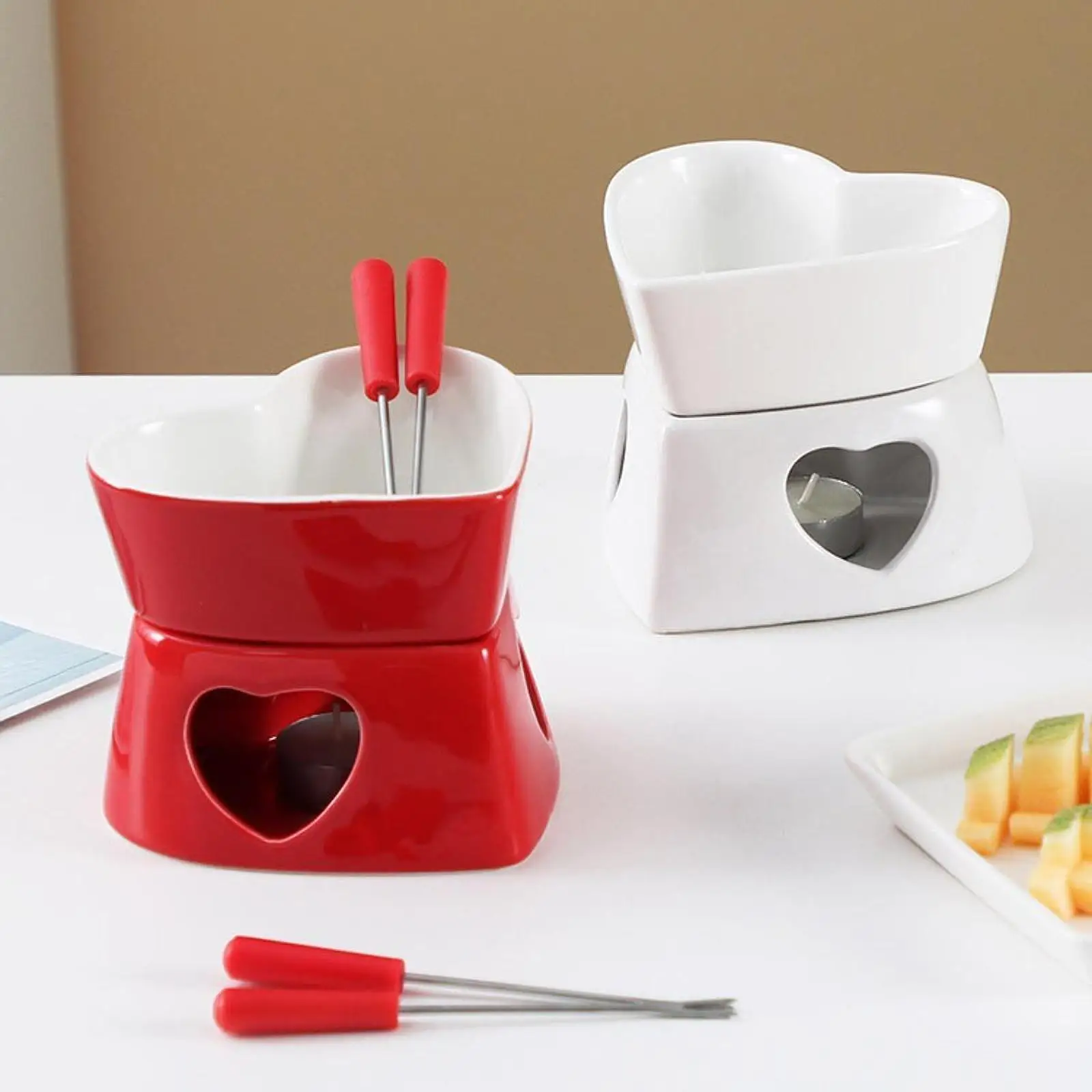 Pottery Fire Boiler Bowl Warmer DIY Crafting Ornament with 4 Forks Butter Mini Fondue Pot for Valentines Day Kitchen Home