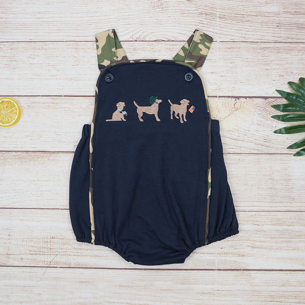 

2023 New Hot Sale Clothes For Boy Summer Romper Black Suit Dog Carrying Flag Embroidery Casual Style Baby Kids Outfits 0-3T