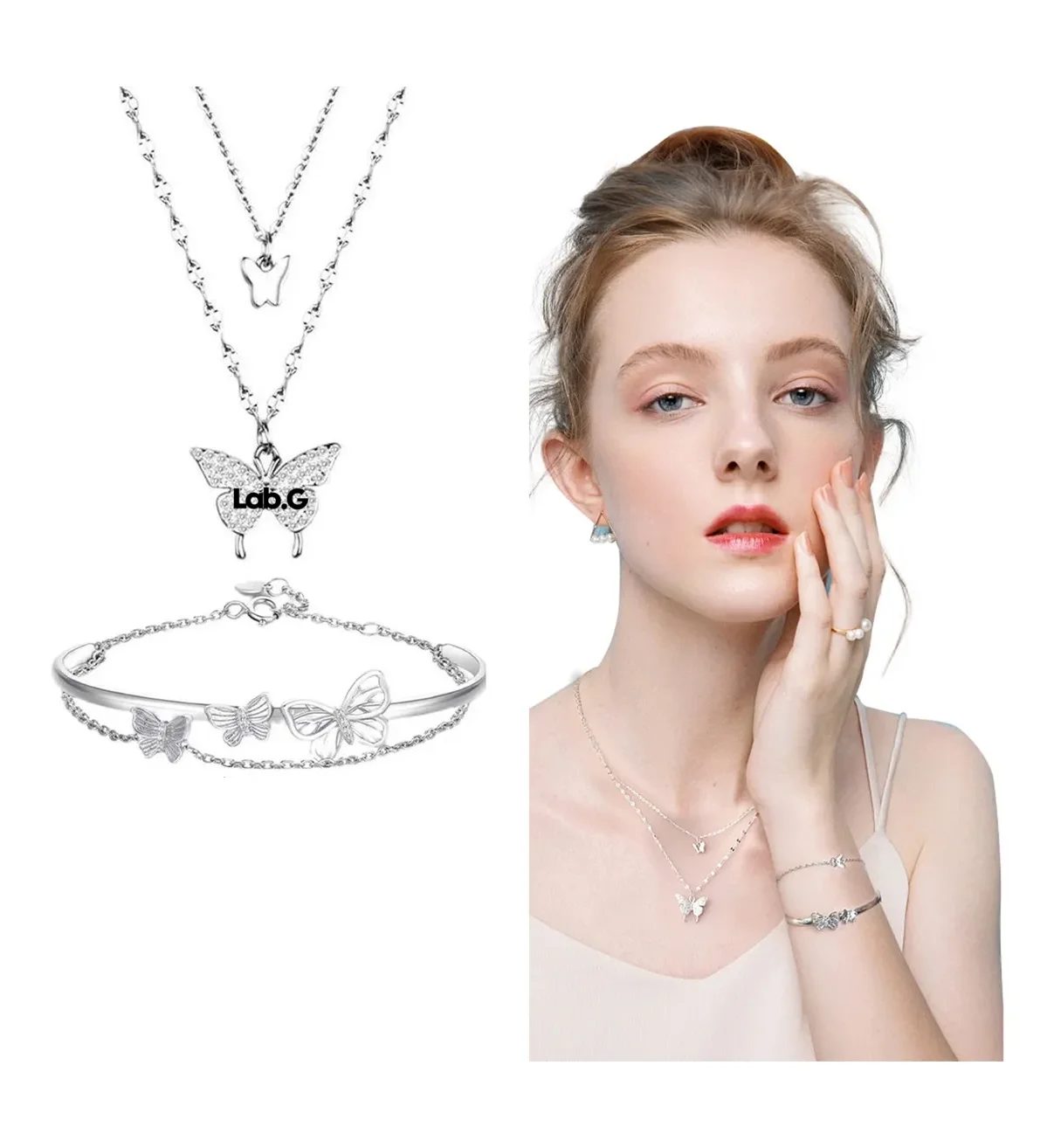 Collar De Cadena Doble Mariposas Lab.G Brillantes Pulsera Mujer Plata