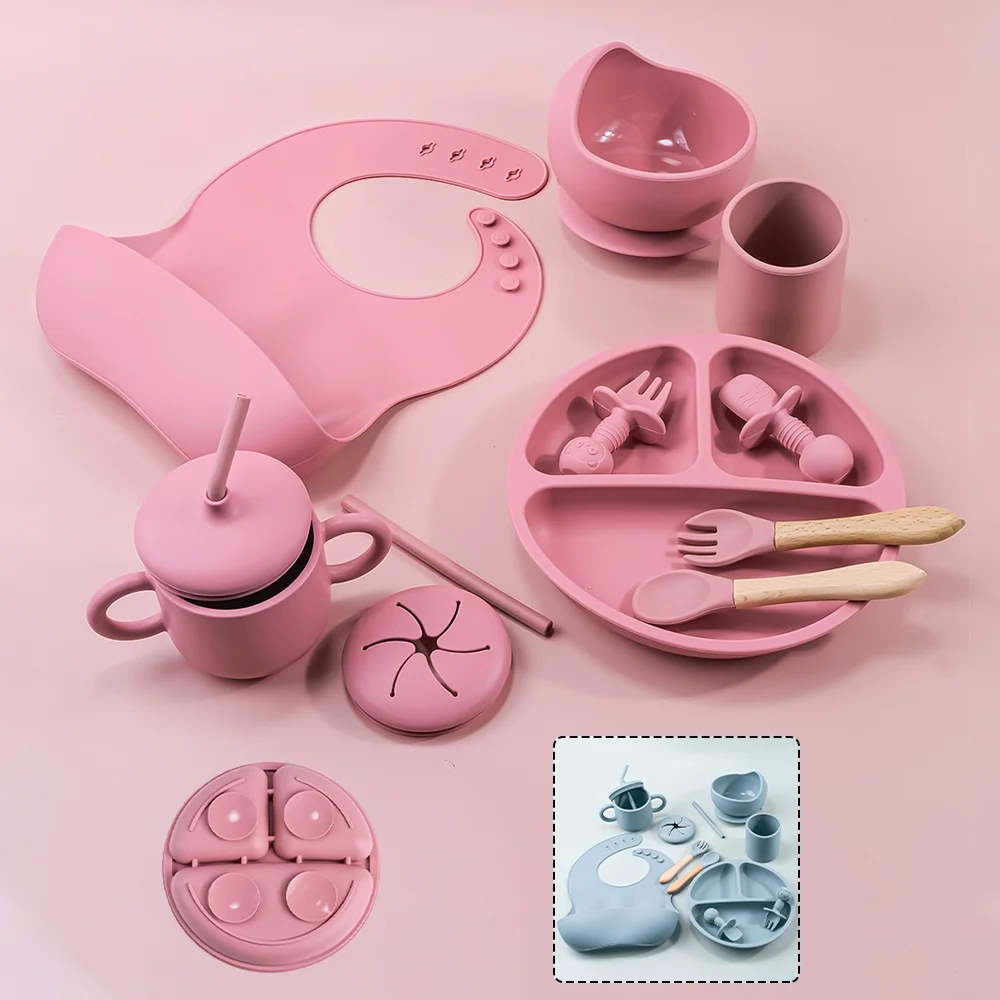 9pcs/set baby silicone feeding set wooden spoon fork cutlery suction bowl plate sucker training waterproof bib for gift