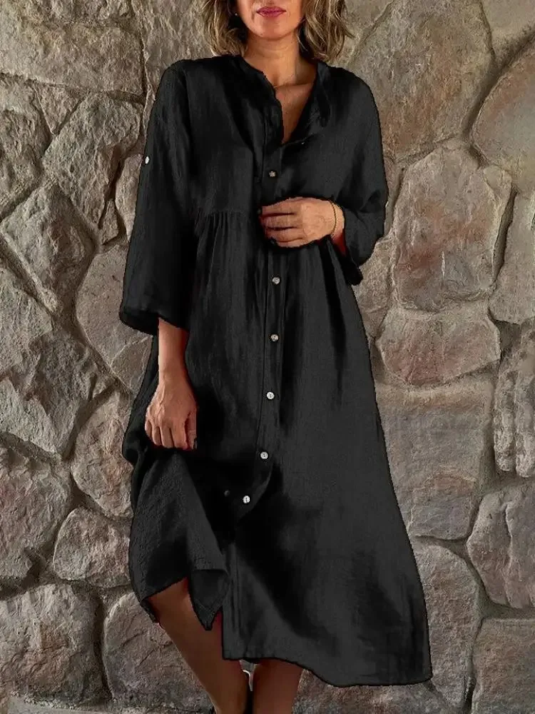 

Women Linen Cotton Shirt Dresses Summer Vintage Oversized Solid Long Midi Dress Single Breated Casual Loose V Neck Vestidos