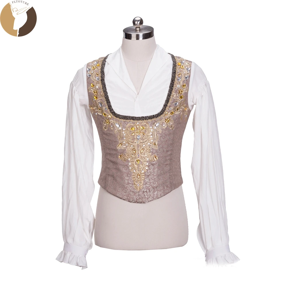 Fltoture MT004  Professional Custom Made Long Sleeve Chiffon White Undershirt Silver Male Tunic Boy Ballet Stage Costume Vest