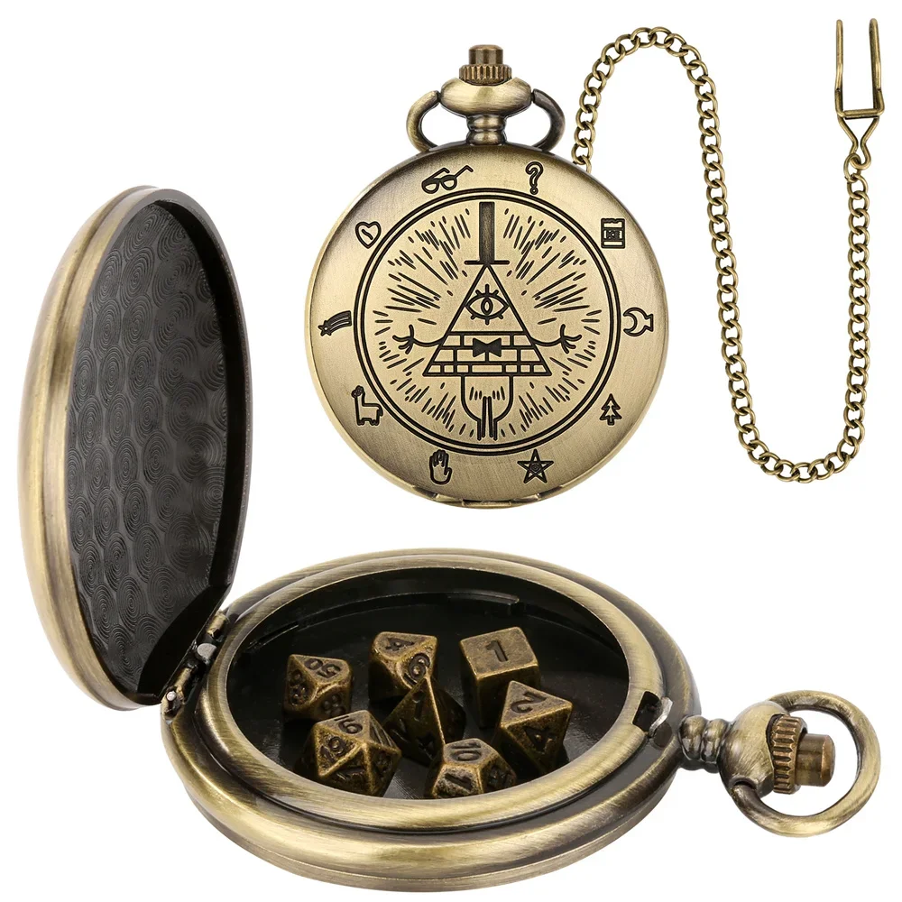 Vintage-Inspired Double Dragon DND Dice Jewelry Pocket Watch Case with 7 Metal Dice Set