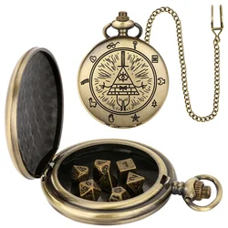 Vintage - Inspired Double Dragon DND Dice Jewelry Pocket Watch Case with 7 Metal Dice Set (Bronze)