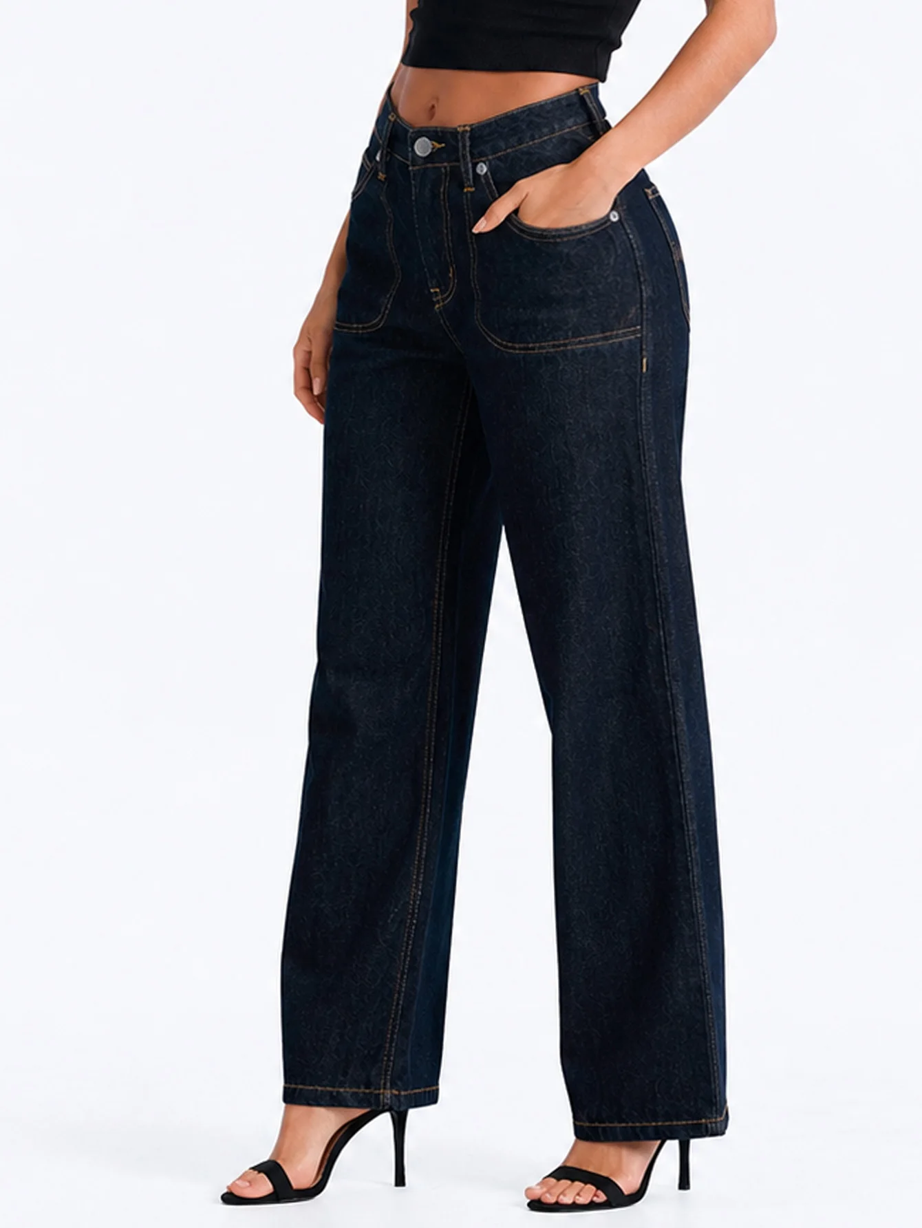 Pantalón Mezclilla Recto Ancho Tiro Alto Demin Mujer Jeans