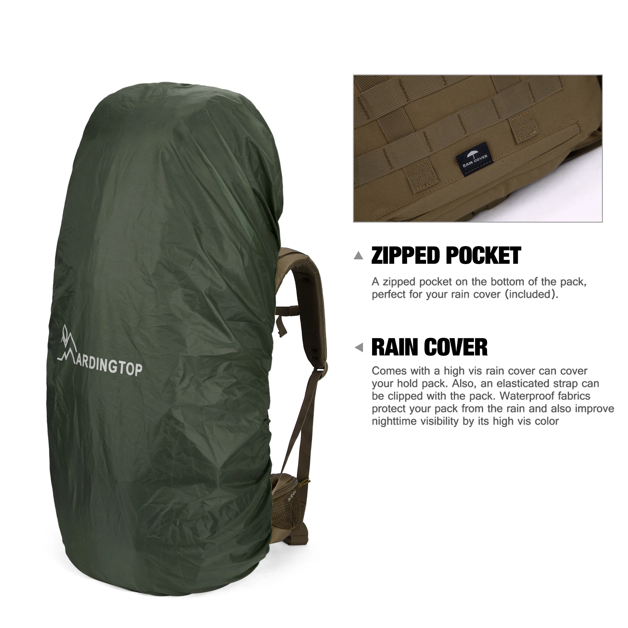 Mardingtop 65L Molle 600D Polyester Hiking Internal Frame Backpack with YKK Zippers and Rain Cover for Camping Military