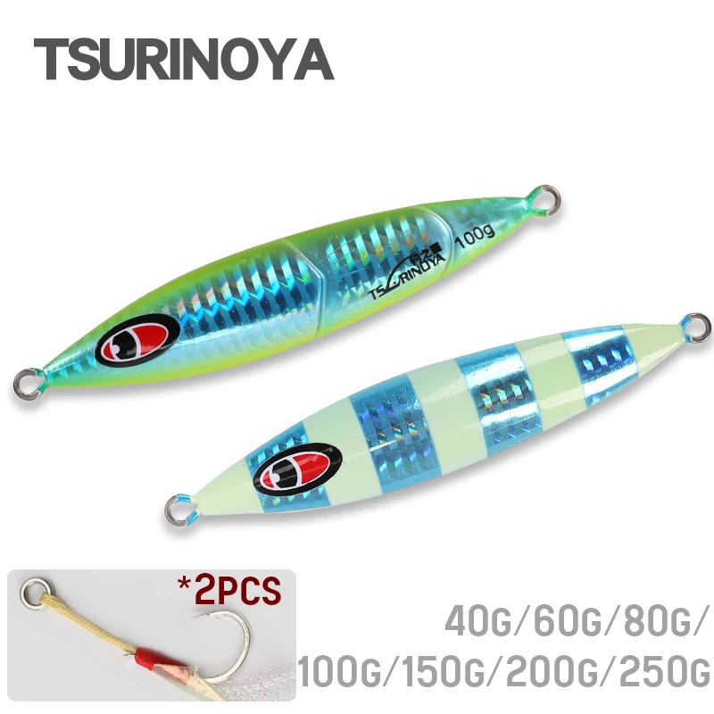 

TSURINOYA 100g 150g 200g 250g Boat Fishing Slow Jigging Hard Bait Ocean Sea Fishing Lure With Hooks GT Tuna Luminous Metal Jig