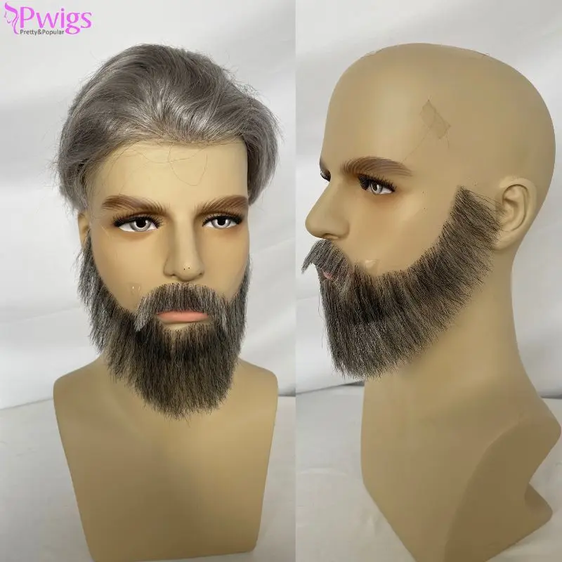 

Pwigs Grey Face Fake Beard Human Hair Beard Mustache For Men Fake Beard Swiss Lace Real Handmade Light Beard For Man Invisible