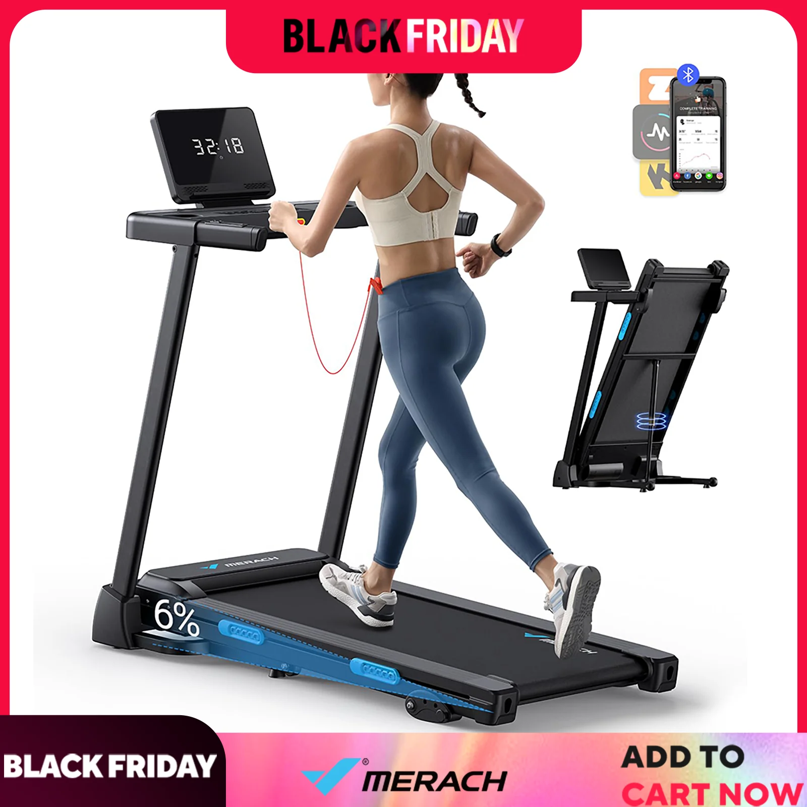 MERACH Foldable Treadmill with Incline Quiet Treadmills Double Deck Technology 4 Silicone Shock Cushion Heart Rate Monitoring