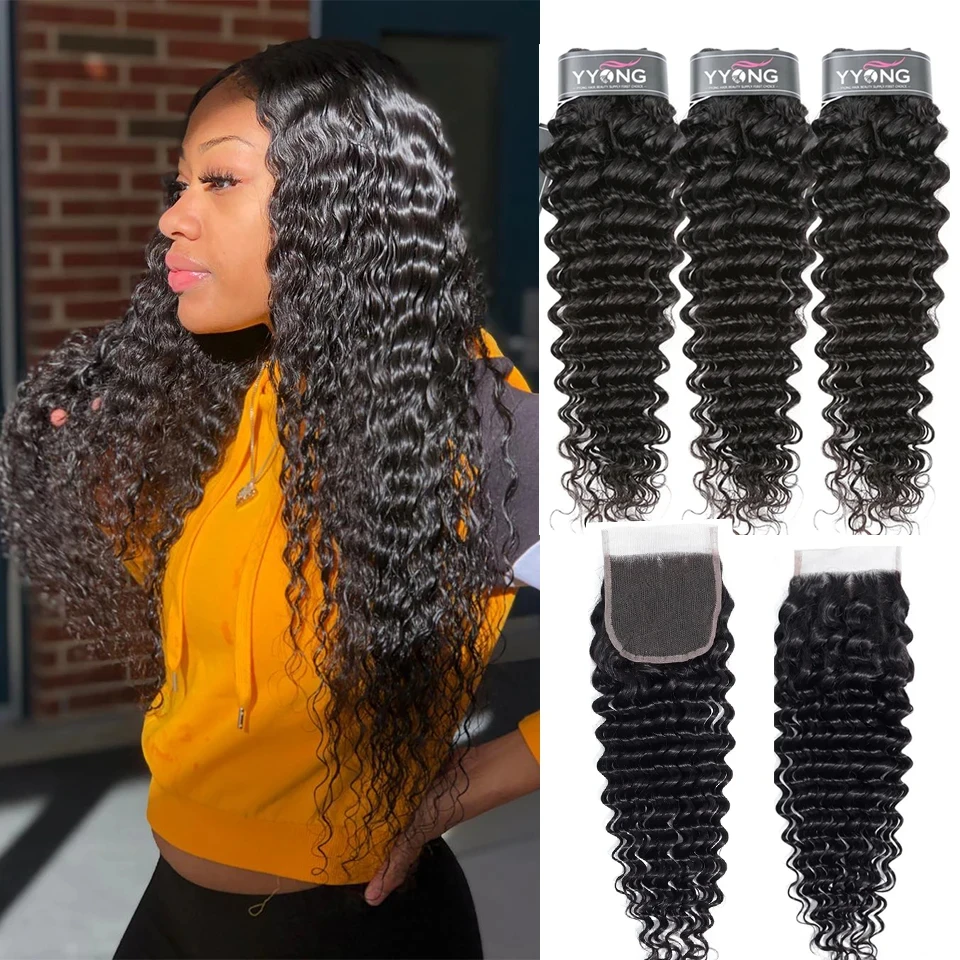 YYong Deep Wave Bundles Closure Human Hair Deep Curly Closures Bundles Brazilian Hair Weave 3 Closure human hair extensions human hair closure human hair lace product human hair frontal