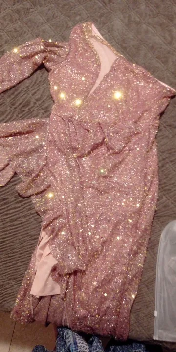 Sexy One Shoulder Sequin Dress Evening Party Dresses Women Elegant Solid High Split Backless Wedding Prom Long Maxi Dress 2021 photo review