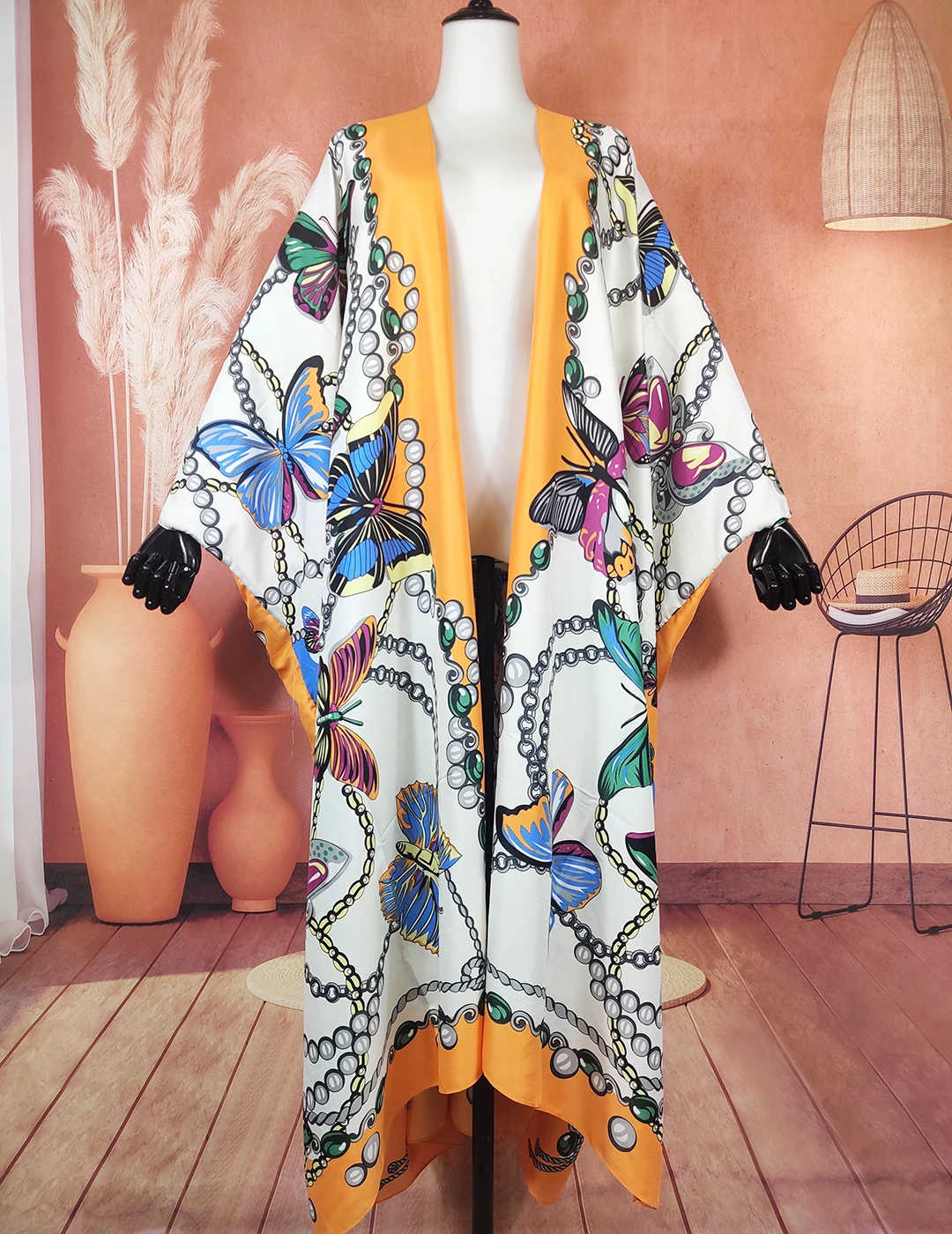 Fashion Bohemian Summer Butterfly Printed Open Front Women's Long Duster Coat Casual African Lady Swimwear Kimonos For Holiday europe fashion summer sexy women animal silk printed beach bikini cover up casual africa lady swimwear loose cardigans kimonos
