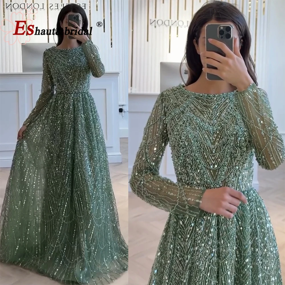 Elegant Muslim Pearls Evening Dress 2025 Luxury A-Line Long Sleeves Beads Formal Prom Wedding Party Gown for Women Customized 1