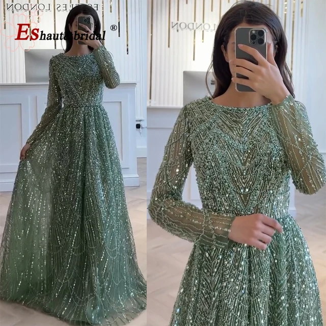 Elegant Muslim Pearls Evening Dress 2025 Luxury A-Line Long Sleeves Beads Formal Prom Wedding Party Gown for Women Customized 1