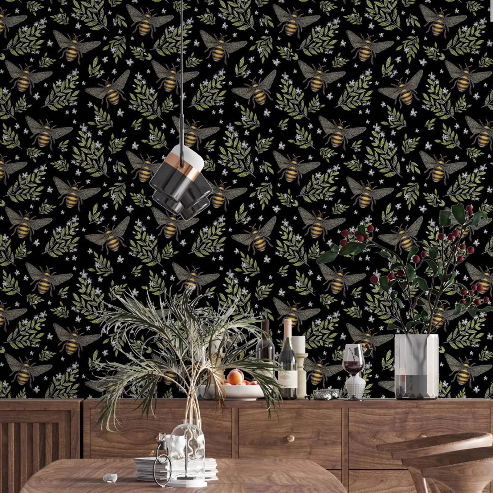 Spring Bee Removable Wallpaper in Midnight Black, Honey Bee Wall Paper in black back ground for living room bedroom HB0624001 смартфон xiaomi redmi 12 ru 4 128gb midnight black