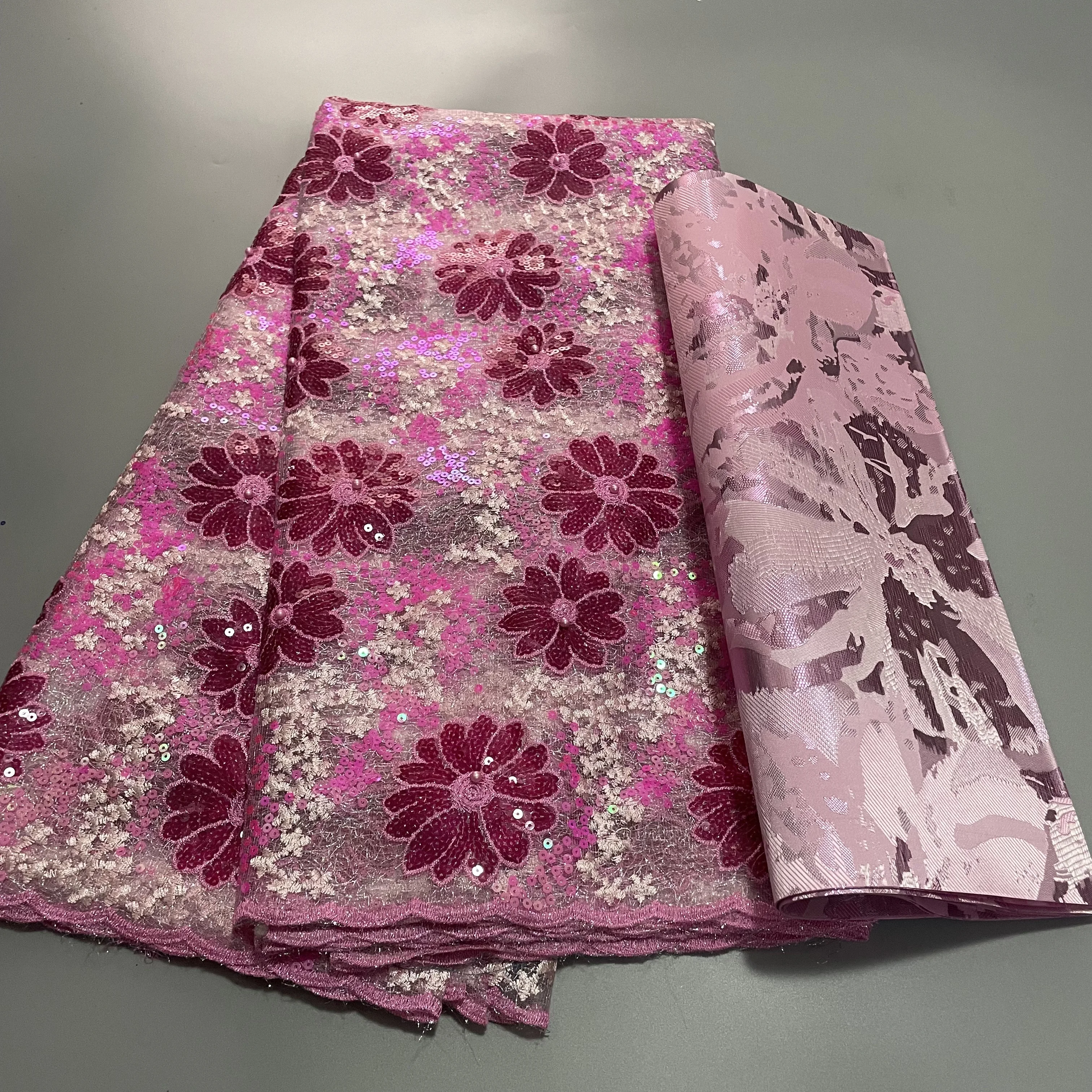 Nigerian Sequins Pink Lace Fabric African Guipure French Lace Material 5Yards With 3D Sego Headtie Wrap 2PCS