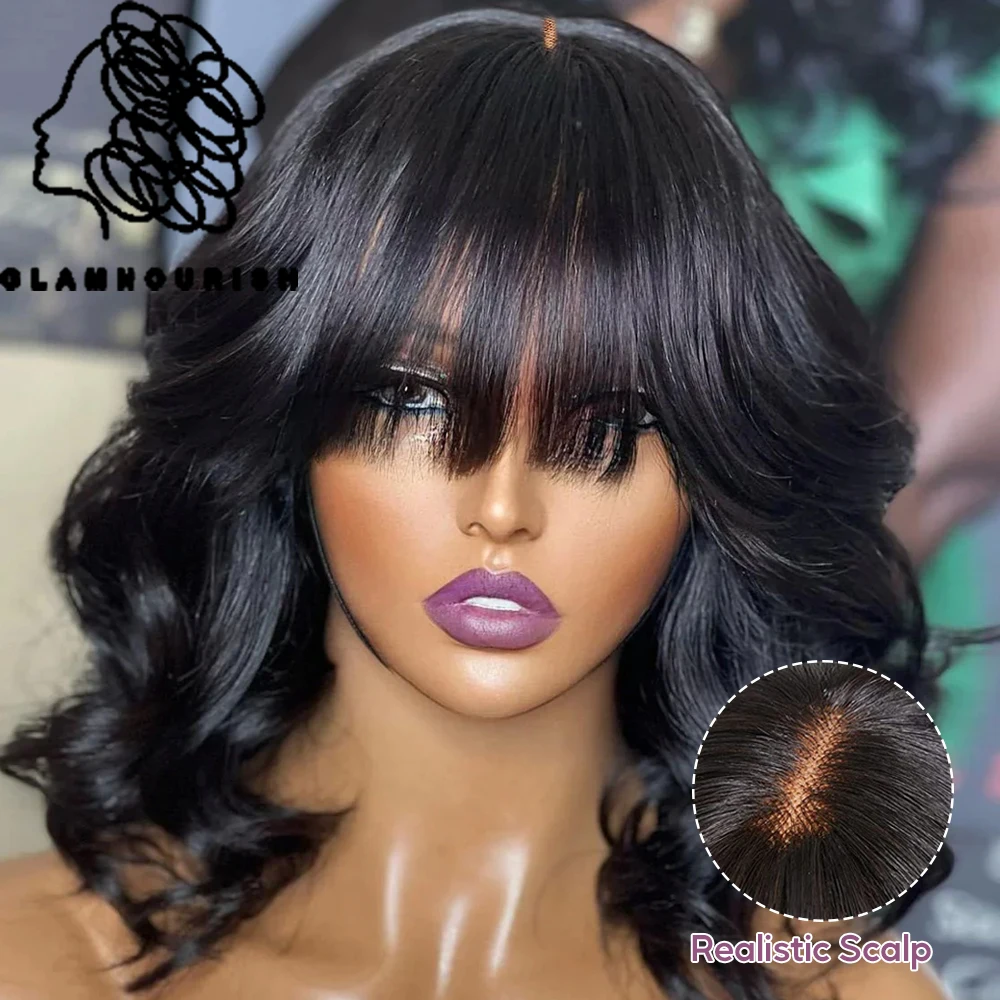 

Fake Scalp Loose Wavy Human Hair Wig With Bangs Realistic Look Lace Glueless Wig Body Wave Short Black Wigs With Bangs For Women