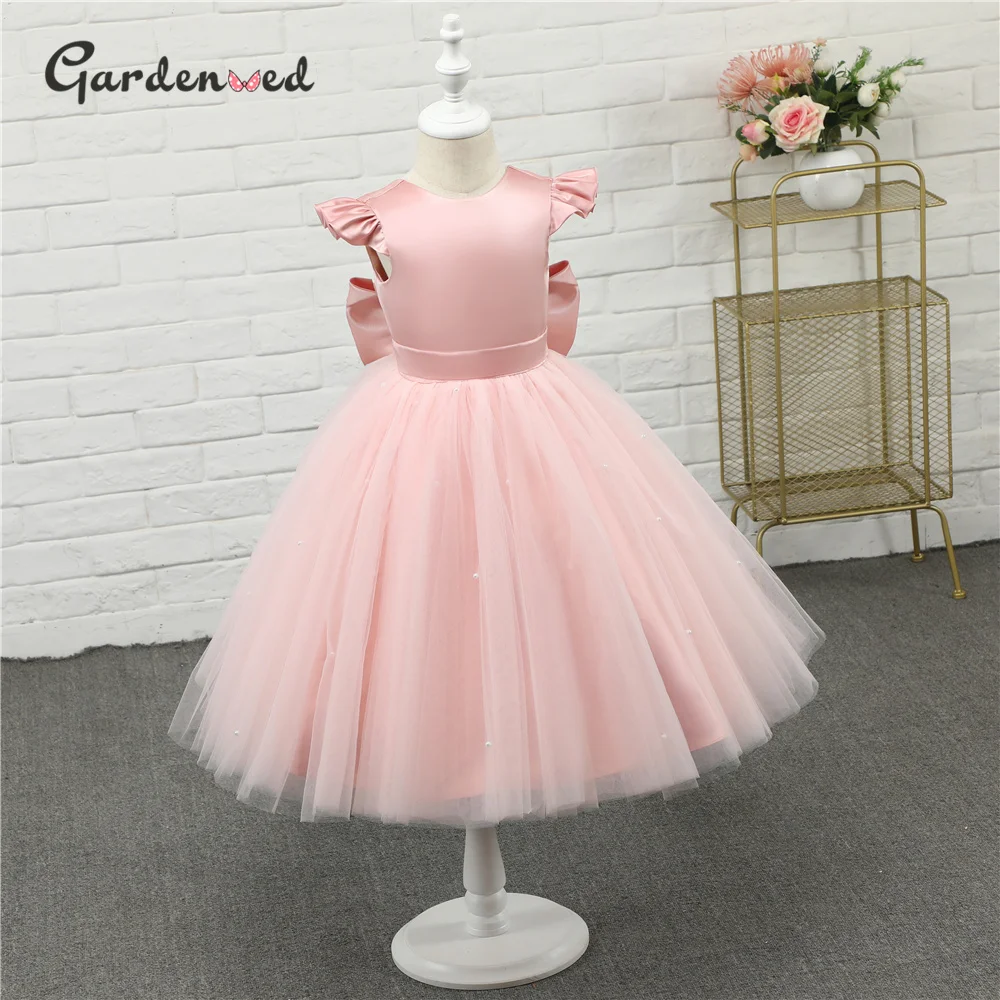 

Pink Flower Girl Dress For Weddings Tulle Girl Dress No Sleeves Party Dresses Cute Child Girl Wedding Dress