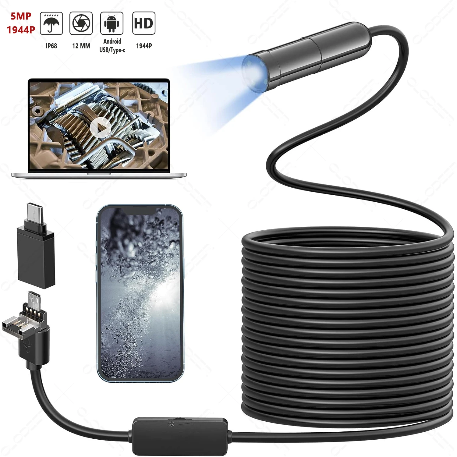 12mm 5MP 3in1 Piping Automotive Sewer Industrial Endoscope For Iphone IOS Android Car  Inspection Boroscope Flexible Wire Camera 5 5 7mm 480p usb piping controlled automotive sewer endoscope for cell phone android smartphone visible inspection cameras drain