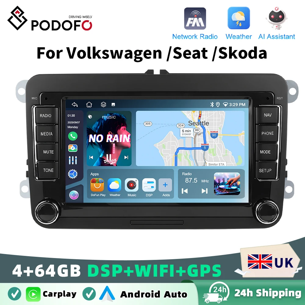 Podofo Wireless Carplay Android Auto Car Radio 4GB+64GB 7" Multimedia Video Player GPS BT WIFI FM RDS For Volkswagen/Seat/Skoda