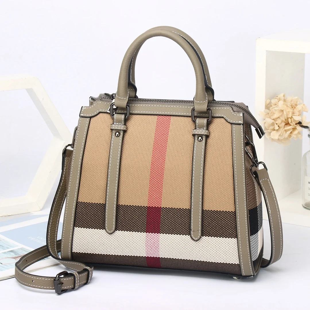 

Women Handbag Soft Cowhide and Canvas Plaid Crossbody Bag for Women Top Handles Bag for Women Handbags Large Capacity Women