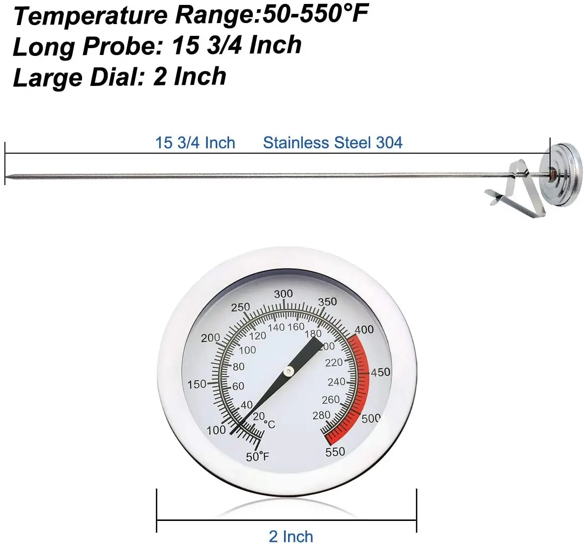 Practical Kitchen Tools Stainless Steel Frying Oil Fryer Fries Fried Barbecue Thermometer 50°-550°C Chicken Wing， with 40cm Long 2