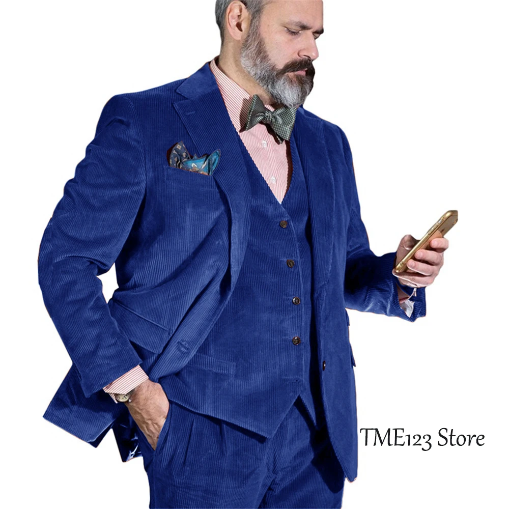 Mens suit Three-piece retro corduroy single-breasted slim-fit business suit jacket wedding best groomsman (jacket + vest + pant)