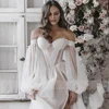 Customized Off The Shoulder Wedding Dress A Line 3/4 Puff Sleeve For Women 2022 Bride Bow Back Robe De Soirée De Mariage Custom 5