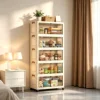 19.7in 3/4/5/6-Tier Foldable Storage Cabinet with Wheels, Stackable Plastic Storage Organizer with Magnetic Doors, Collapsible Storage Shelf for Bedroom, Living Room, Kitchen, Pantry, No Assembly Required, Beige