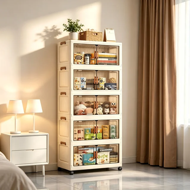 19.7in 3/4/5/6-Tier Foldable Storage Cabinet with Wheels, Stackable Plastic Storage Organizer with Magnetic Doors, Collapsible Storage Shelf for Bedroom, Living Room, Kitchen, Pantry, No Assembly Required, Beige