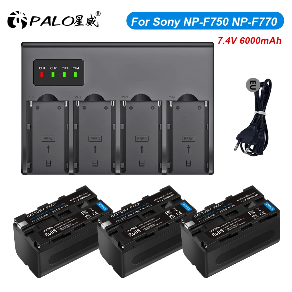 

6000mAh NP-F770 NP-F750 NP F770 NP F750 Batteries+4-Channel Charger for Sony NP F970 F960 F550 F570 QM91D CCD-RV100 DCR-TRU47E