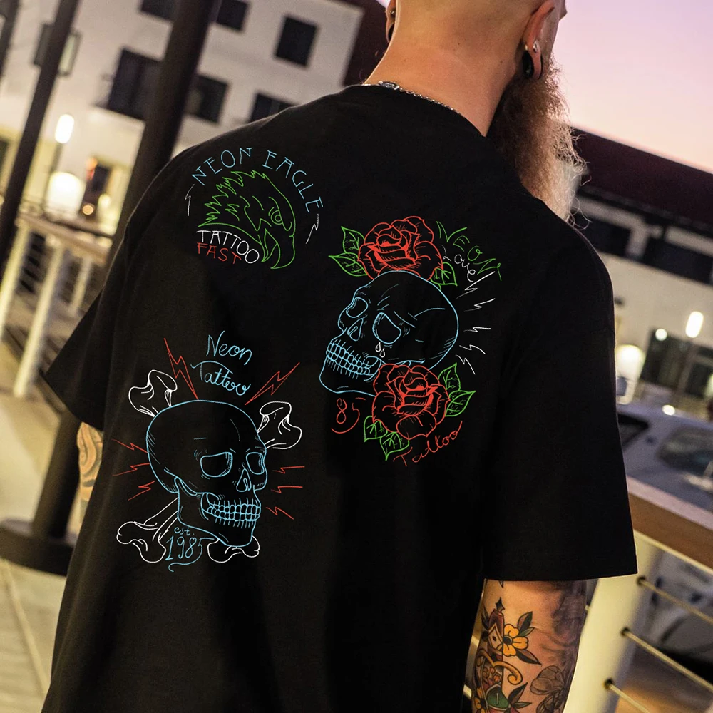 

Harajuku High Street Skull Graphic Print Short Sleeve Summer Men Casual Fashion Oversized T-shirt Punk Skulls Retro Tops Tee Y2k