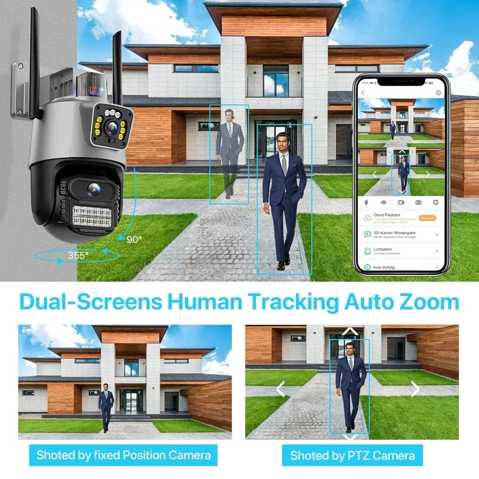 12MP 6K WiFi IP Camera Outdoor Three Lens Dual Screens 8X PTZ Zoom Video Auto Track Security Protection Surveillance 4