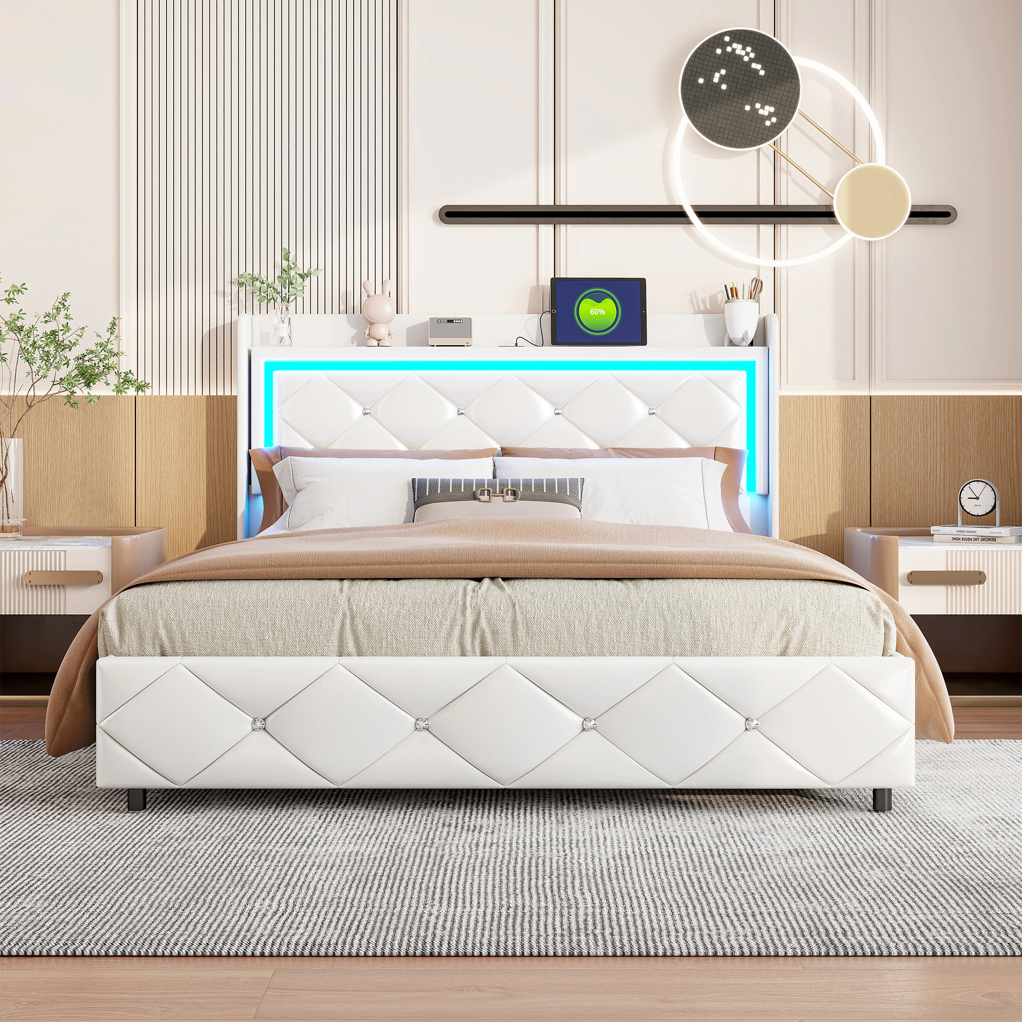 Anajqaqia 140x200cm Polsterbett, Erwachsenenbett, Hydraulisches Bett mit Stauraum, mit LED-Beleuchtung und USB-Ladefunktion, PU, Weiß – Detail 5