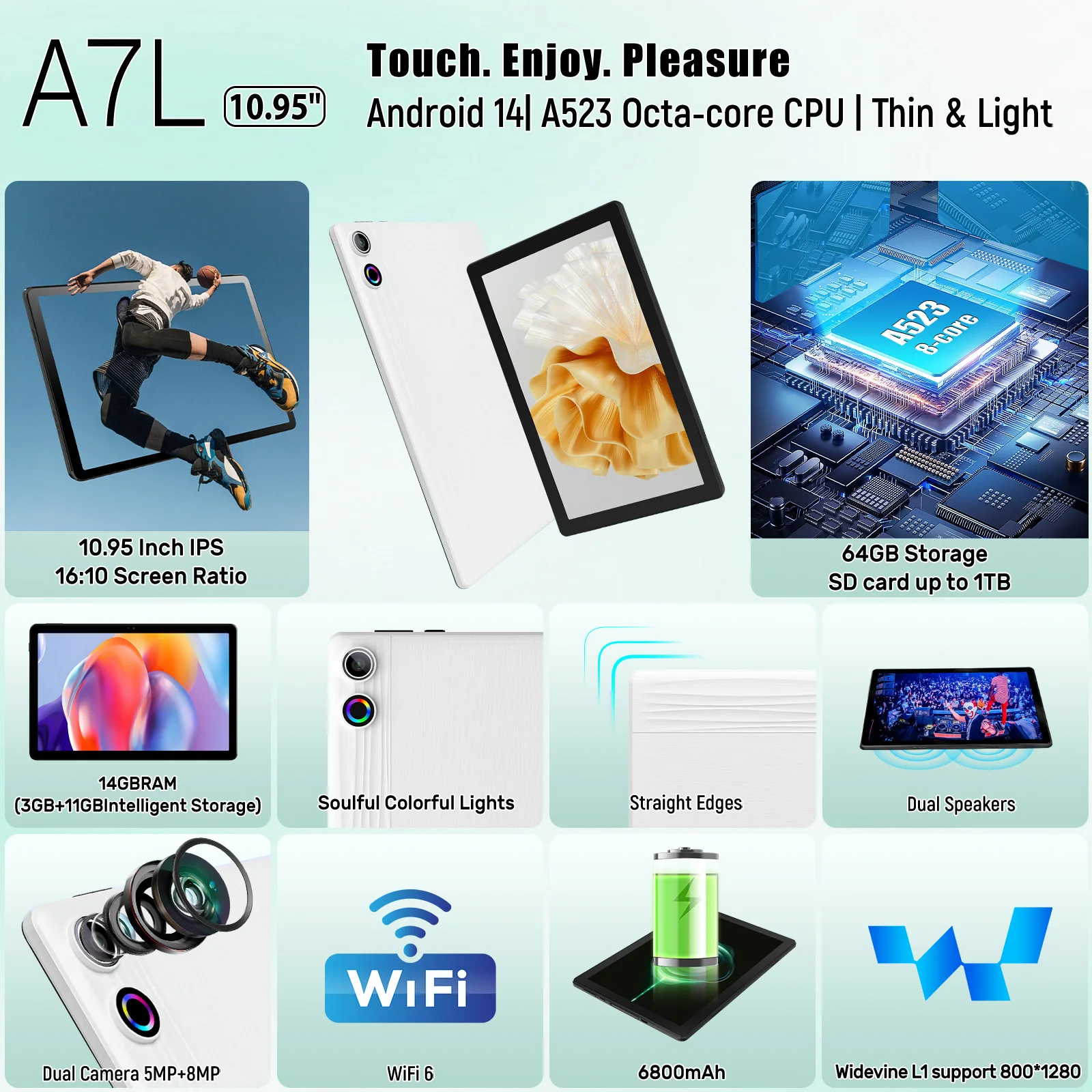 A7L 10.1-inch Android 14 Tablet 14GB RAM 64GB ROM Octa-Core Processor HD IPS WiFi Protective Case Pen Keyboard Mice Headphone 3