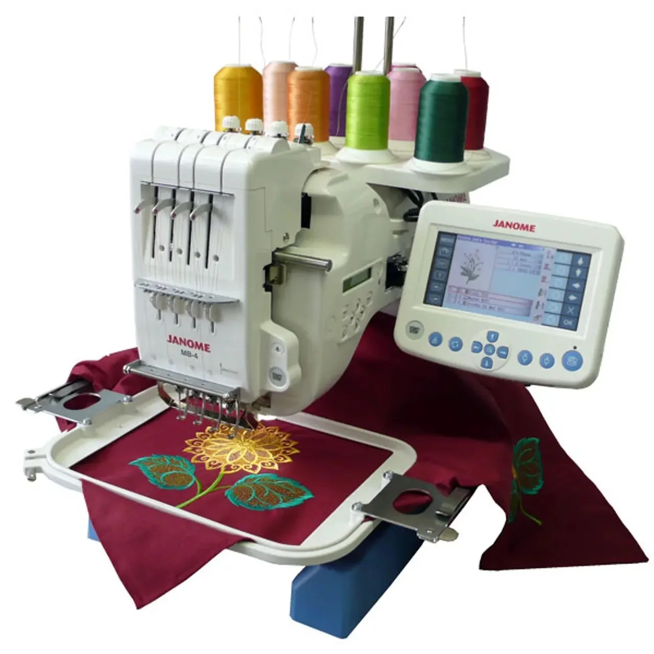 New Authentic Janome MB-4S Four-Needle Embroidery Machine with included Hat Hoop, Lettering Hoops OL