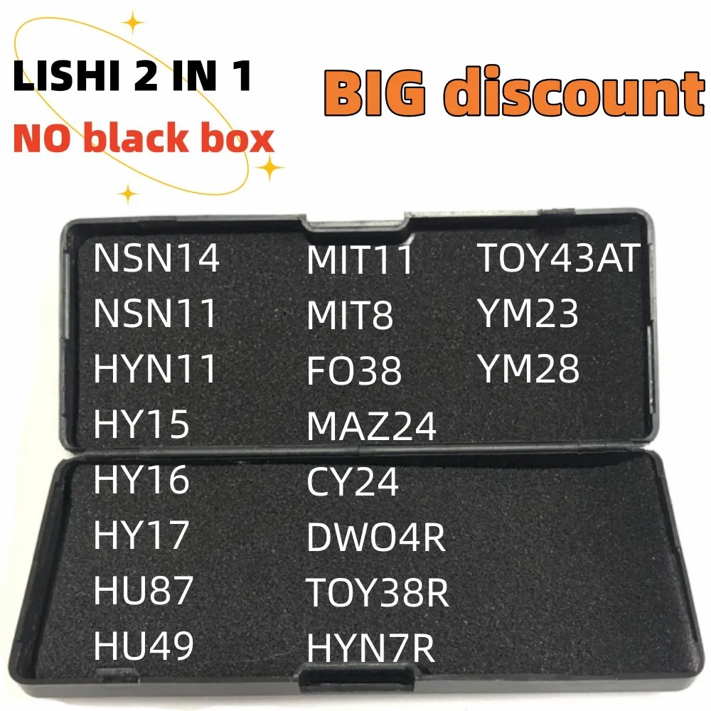 NO box lishi 2 in 1 tool NSN14 NSN11 HYN11 HY15 HY16 HY17 HU87 HU49 MIT11 MIT8 MAZ24 CY24 DWO4R TOY38R HYN7R TOY43AT YM23 YM28