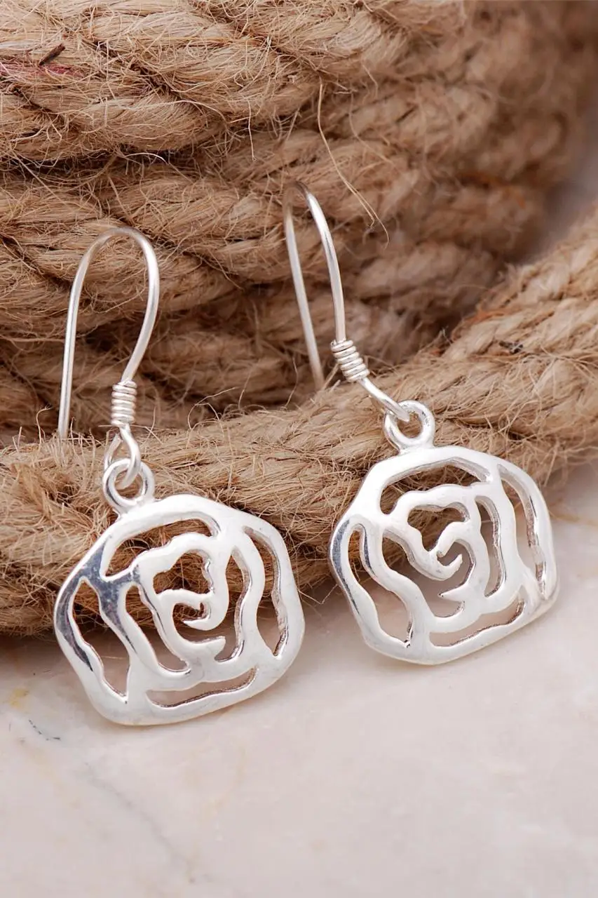 

925 Real Sterling Silver Trendy Modern Design Rose Flower Shape Dangle Earrings Drop Earrings Birthday Gift for Her Women