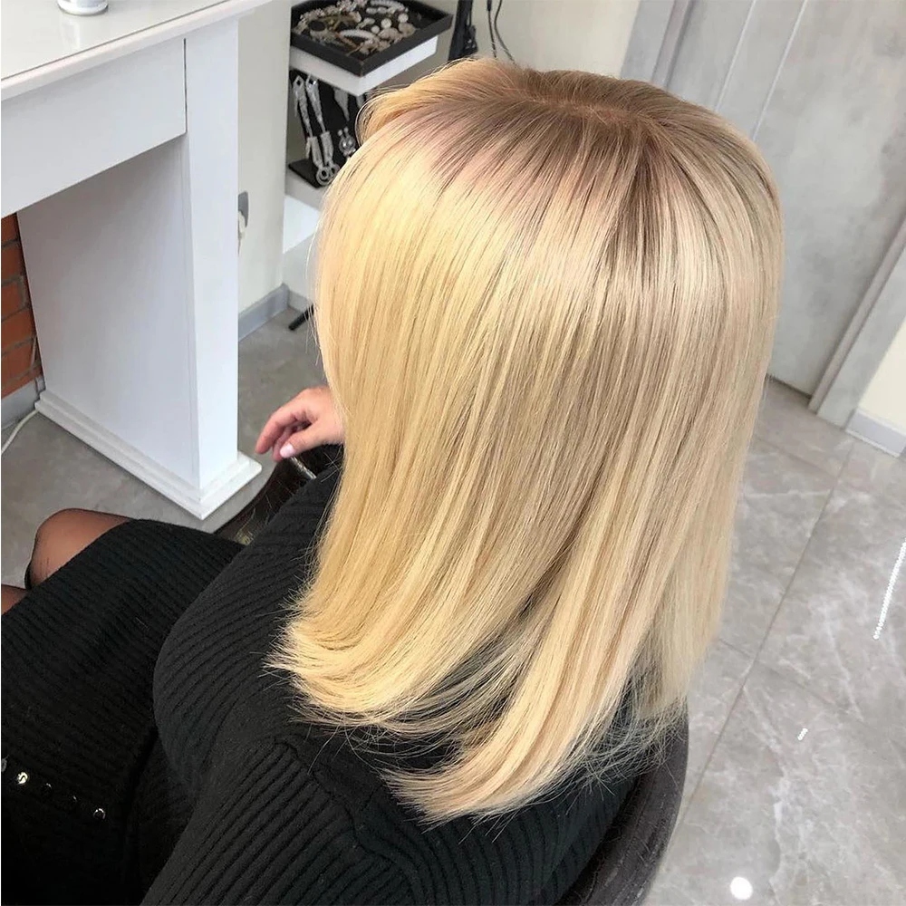 New in Cute Bob Wig Honey Blonde Ash Roots Melting Straight Lace Frontal Wigs with Bangs Brazilian Human Hair for Women Glueless
