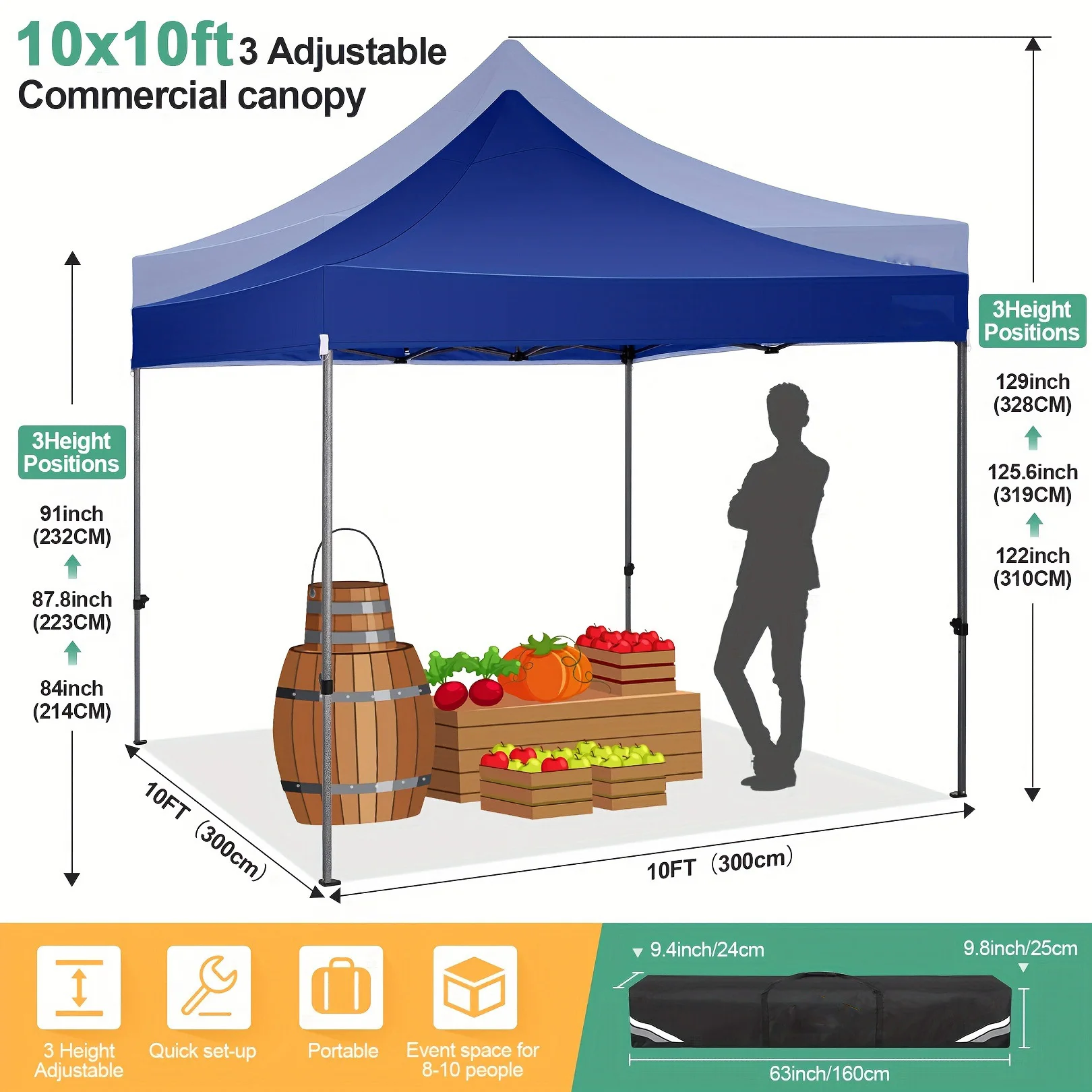 3x3m Folding Gazebo Waterproof stable Outdoor Pavilion,3 Height Adjustable,Party Tent with 4 Sidewalls For Garden,Camping,Market