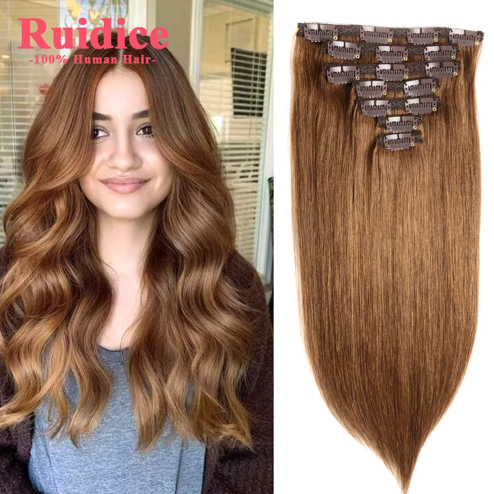 Honey Brown Clip Hair 100% Brazilian Human Remy Hair Extensions Clip In 16"-24" Full Head Set 110g-200g Natural Straight