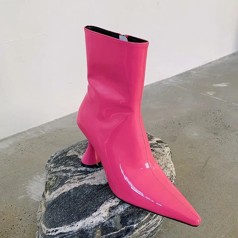 

Women Candy Color Ankle Boots Patent Leather Fashion Thin High Heels Shoes Pointed Toe Side Zipper High Heel 2022S Short Boots