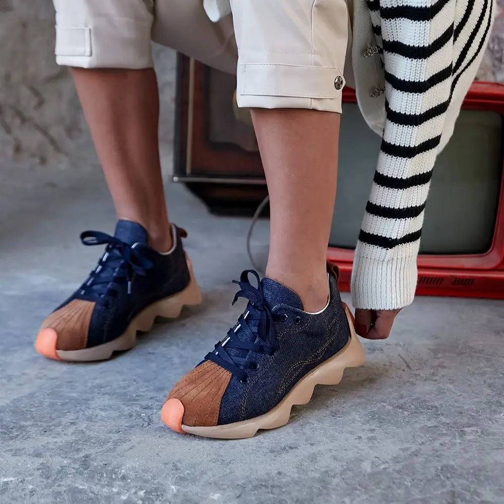 

Jeans Inner Genuine Leather Outer Denim Fabric Thick Special Sole Denim Tan Colored Women's Sports Shoes Poshnmore Orange Stripe