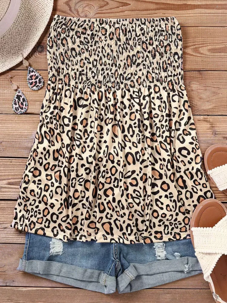 

Women's Leopard Tube Top Casual Smocked Ruffled Strapless Bandeau Tank Summer Backless Sleeveless Shirts Loose Holiday Blouse
