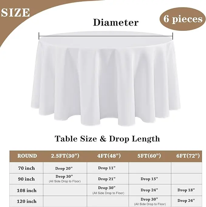 6-Pack White Round Tablecloths, 120 Inches Diameter, Stain Resistant, Polyester, Ideal for Weddings or Parties. 5