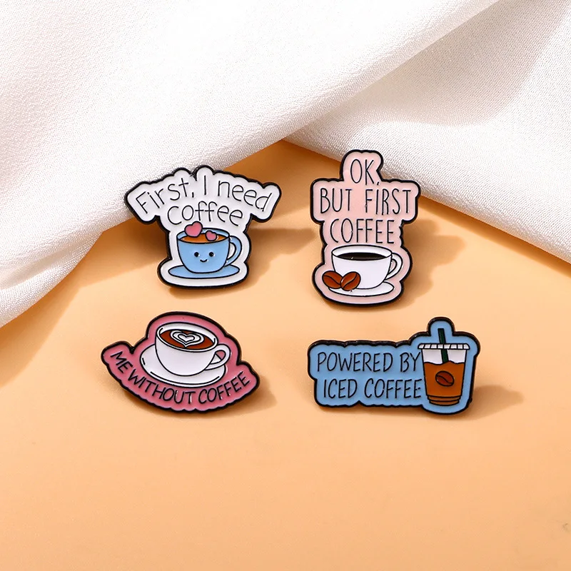 

Cute Cartoon Coffee Enamel Brooch Creative English Letters Short Sentences Lapel Pin Badge Backpack Clothing Hat Accessories